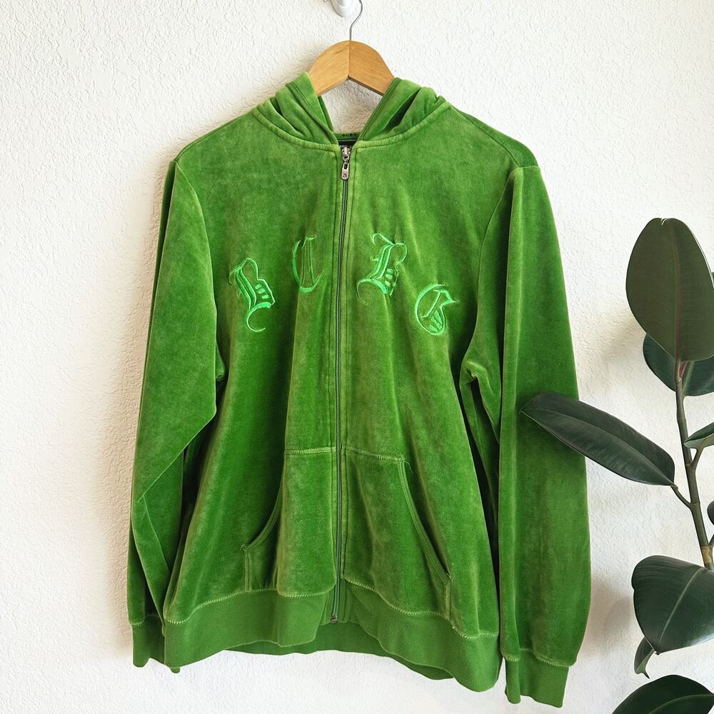 VTG Y2K BCBG maxazria Velour Hoodie Track Jacket L/XL? Green Logo Embroidered